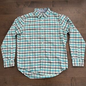 AMERICAN EAGLE Men’s Blue Turquoise White Checkered Long Sleeve Shirt, Button Up